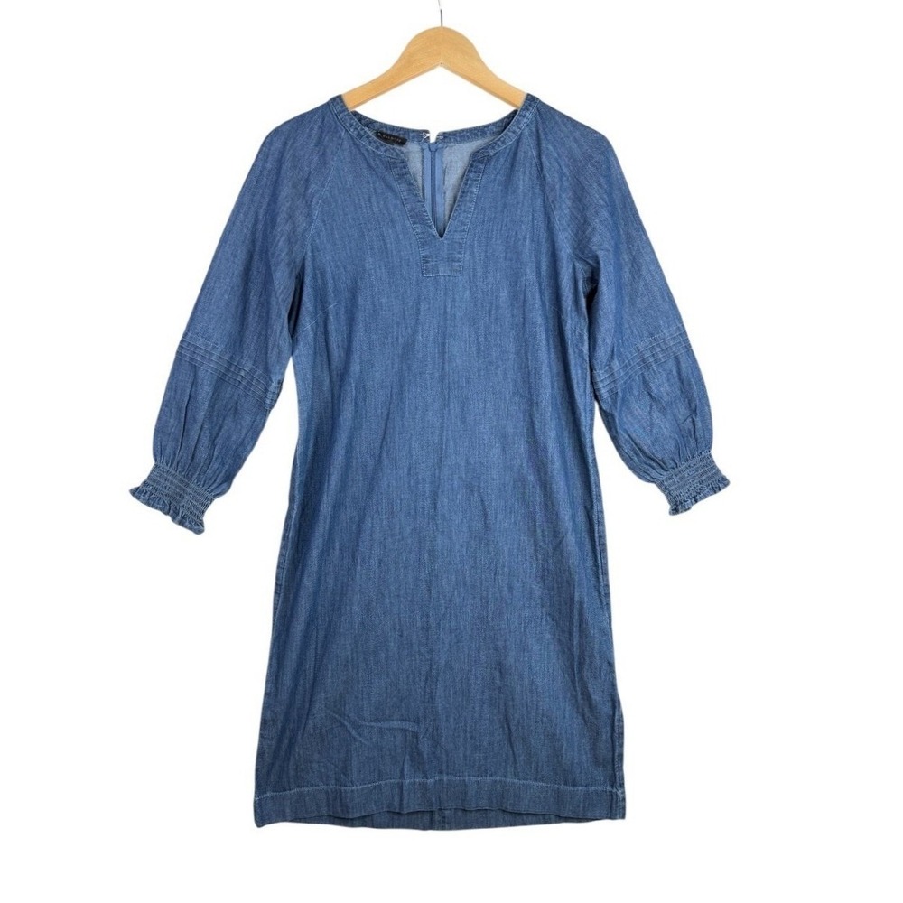 NWT Talbots Womens Denim Shift Dress Size 6 Blue Smocked 3/4 Sleeve V Neck Line